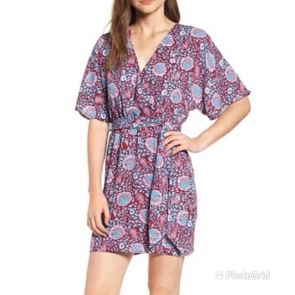 REBECCA MINKOFF Floral Print Mini Wrap Dress Kimono V-Neck Red Blue Size XS New - Picture 1 of 13